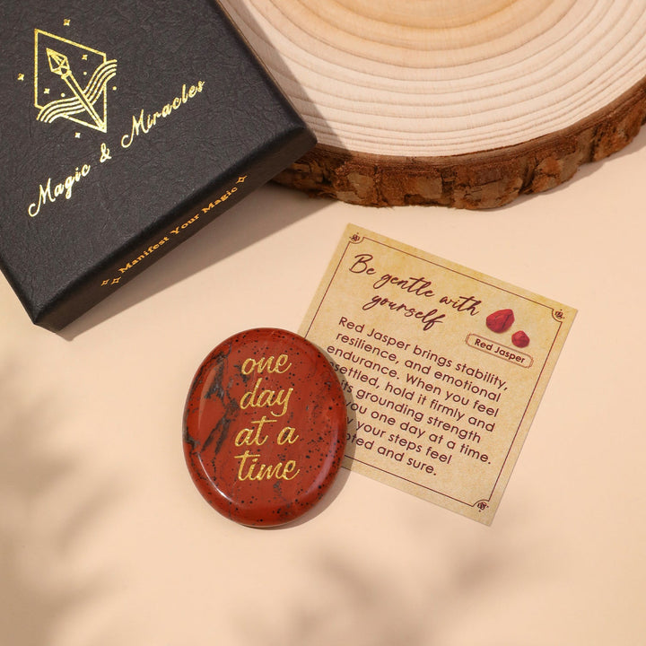 Red Jasper pocket crystal stone with “one day at a time” engraving