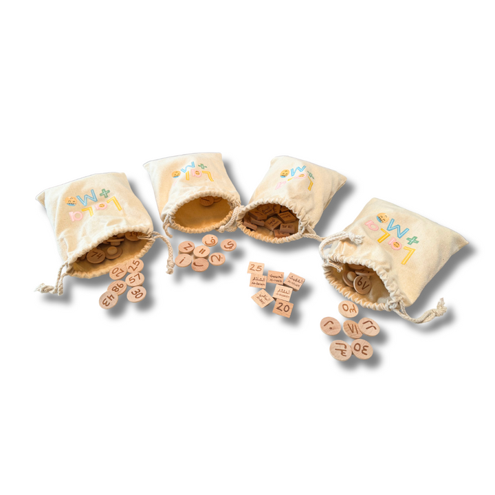 Montessori hundred board set with beige drawstring pouches and round number tokens