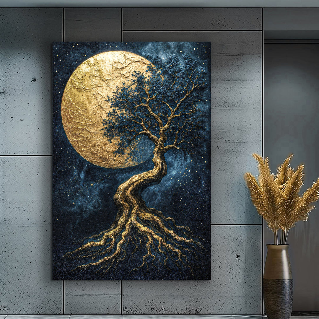 Vertical tree of life wall art with gold moon, blue sky, and gilded swirling roots