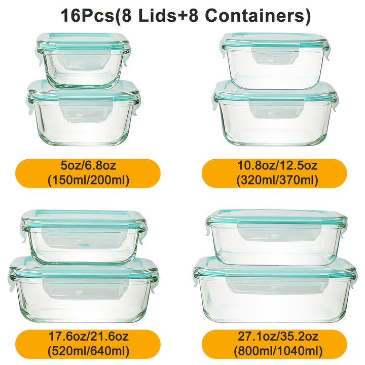 Glass Containers with Airtight Lids–16‑Piece Set