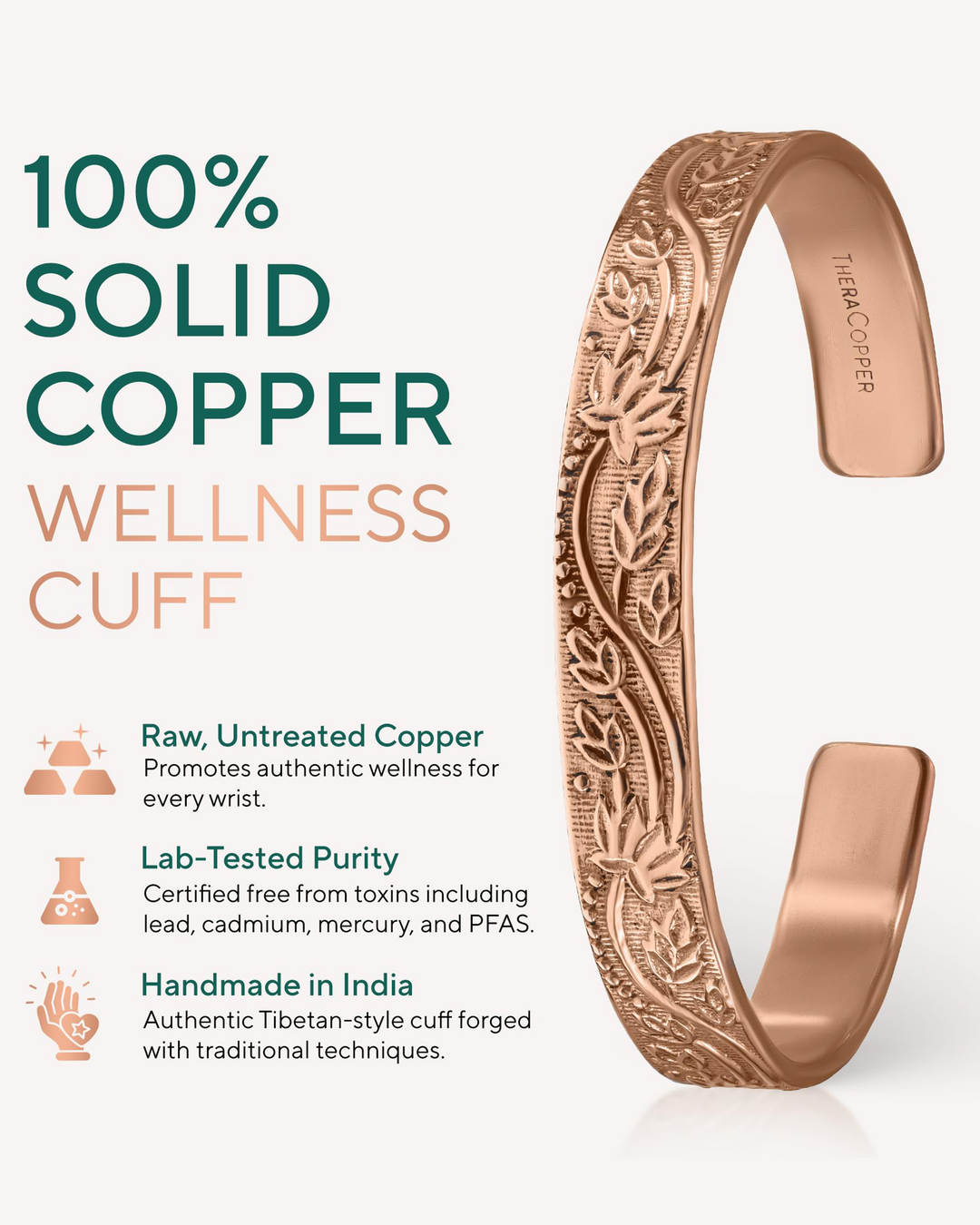 Rose copper floral solid-cuff bracelet with engraved leaves and smooth inner band