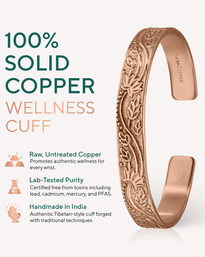 Rose copper floral solid-cuff bracelet with engraved leaves and smooth inner band