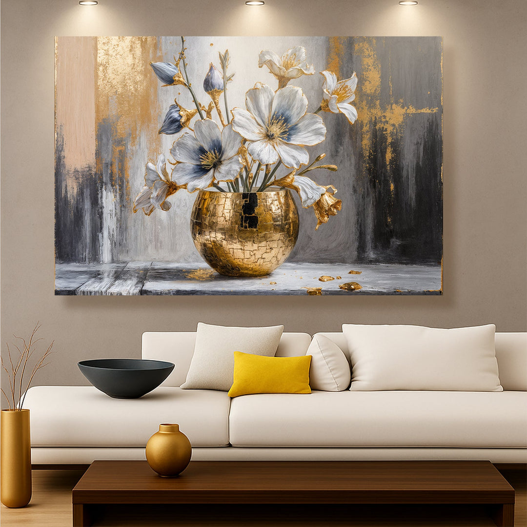 Abstract floral canvas wall art with blue magnolia flowers in a gold vase