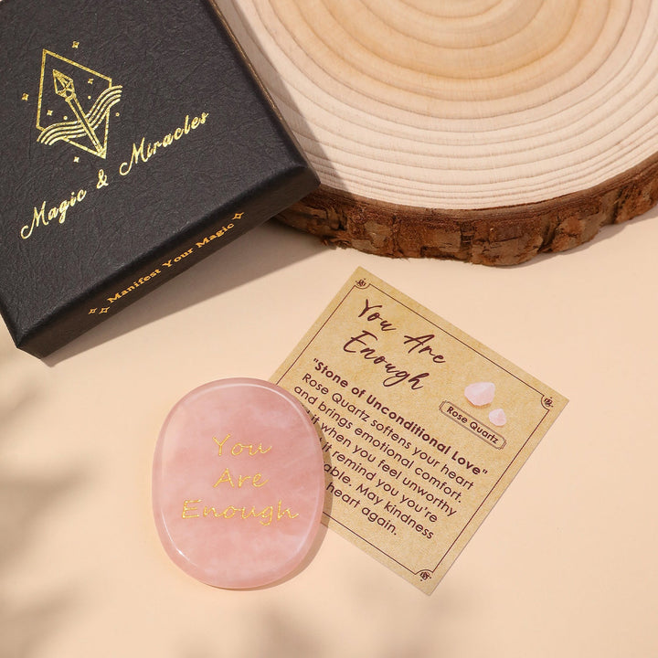 Pink oval pocket crystal stone engraved "You Are Enough", with gift card nearby