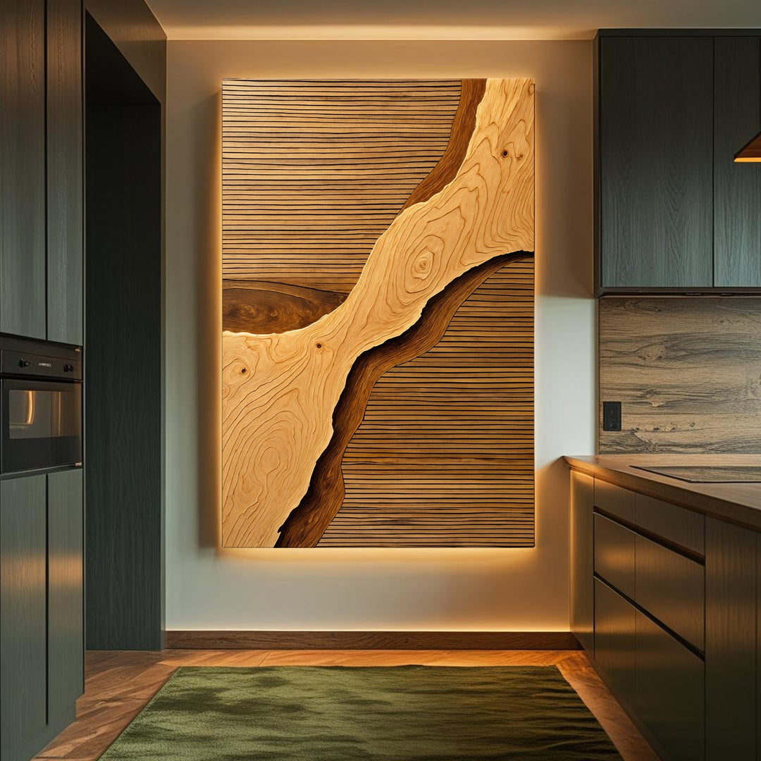 Wood rift wall art with wavy wood-grain pattern in a framed landscape