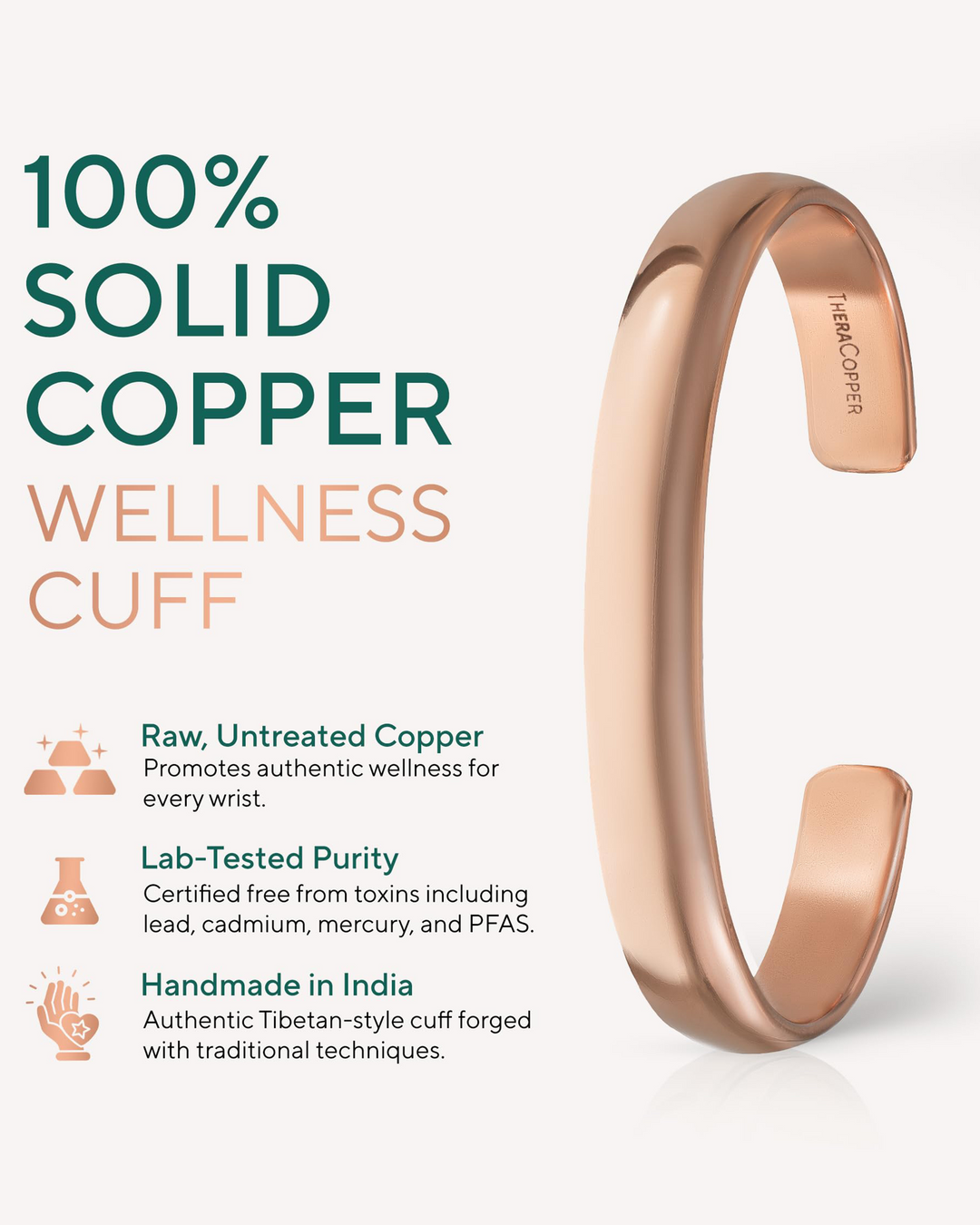 Solid copper wellness cuff bracelet, smooth open bangle profile