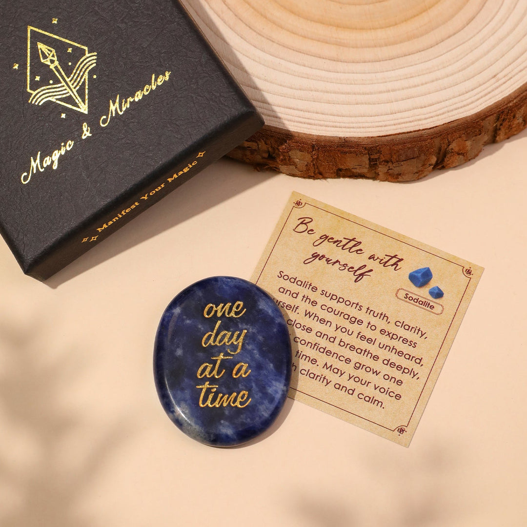 Sodalite pocket crystal stone with “one day at a time” engraving