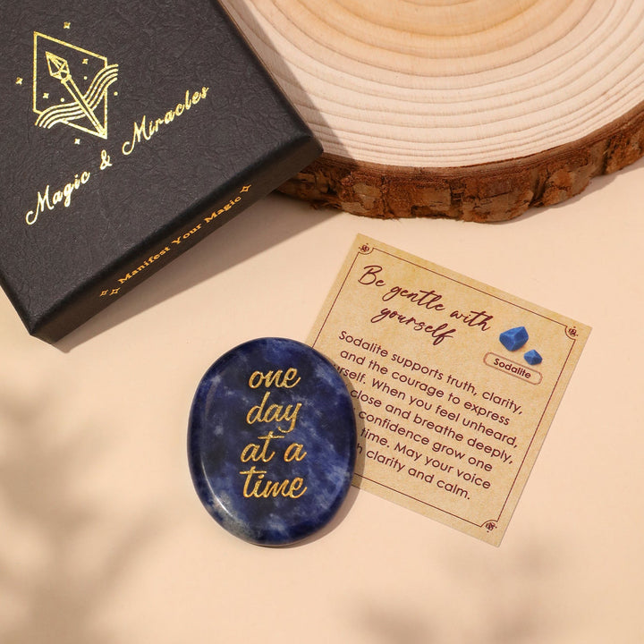 Sodalite pocket crystal stone with “one day at a time” engraving