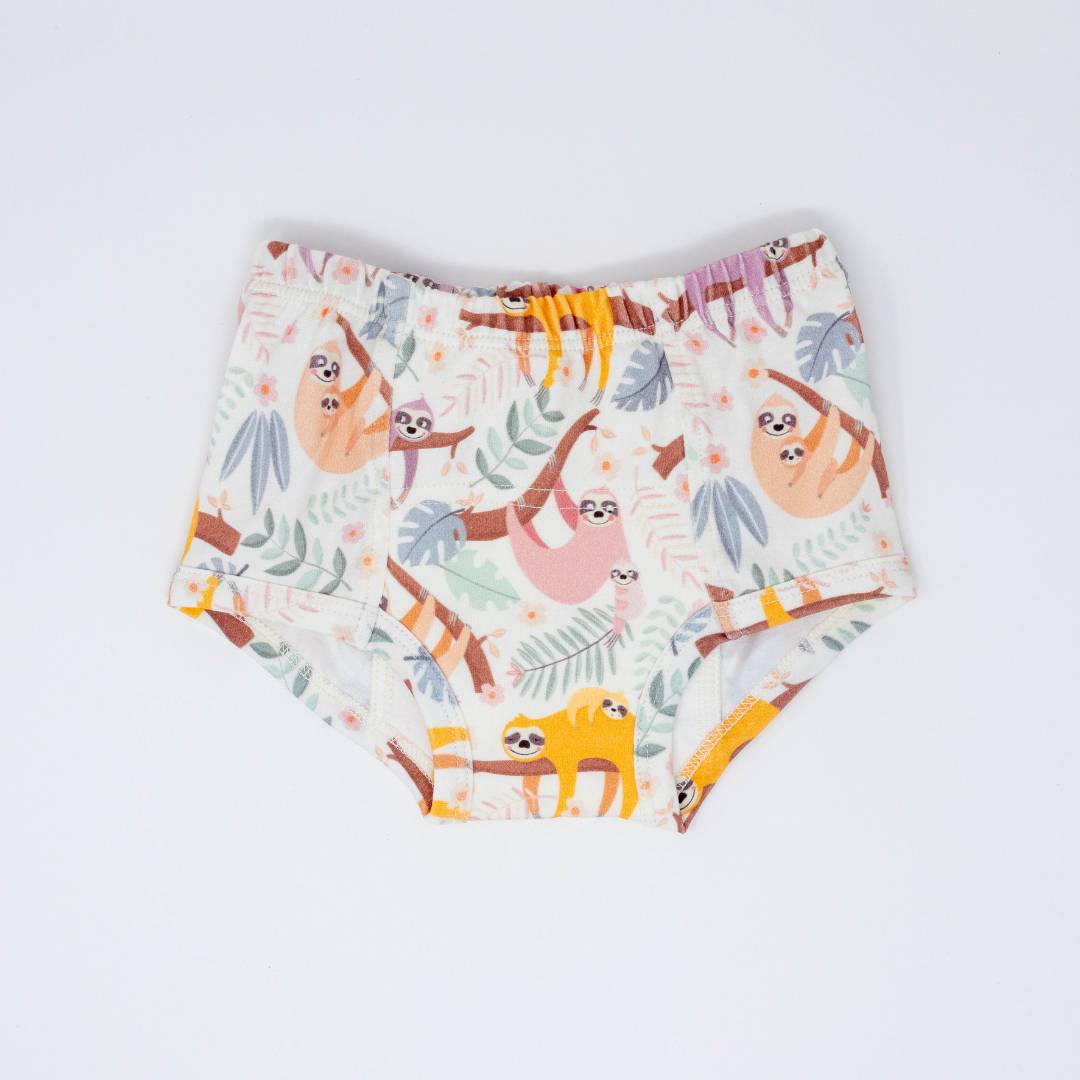 Cream kids training underpants with sloth, tiger and leaf pattern, elastic waistband