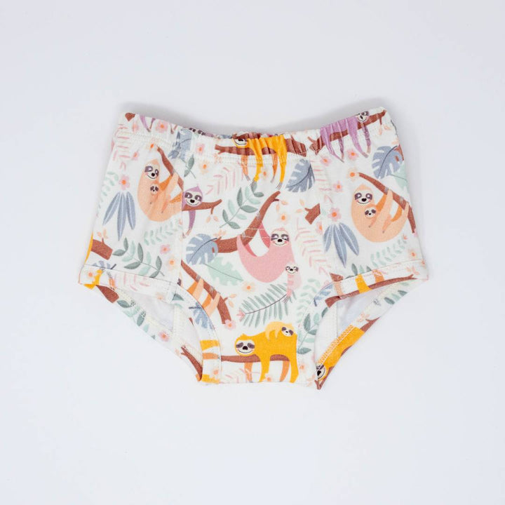 Cream kids training underpants with sloth, tiger and leaf pattern, elastic waistband