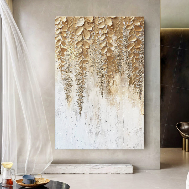 Gold and cream wisteria textured wall art canvas with vertical floral relief