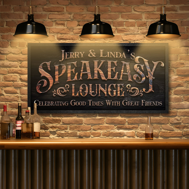 Rectangular speakeasy lounge wall sign with dark background and copper title lettering.