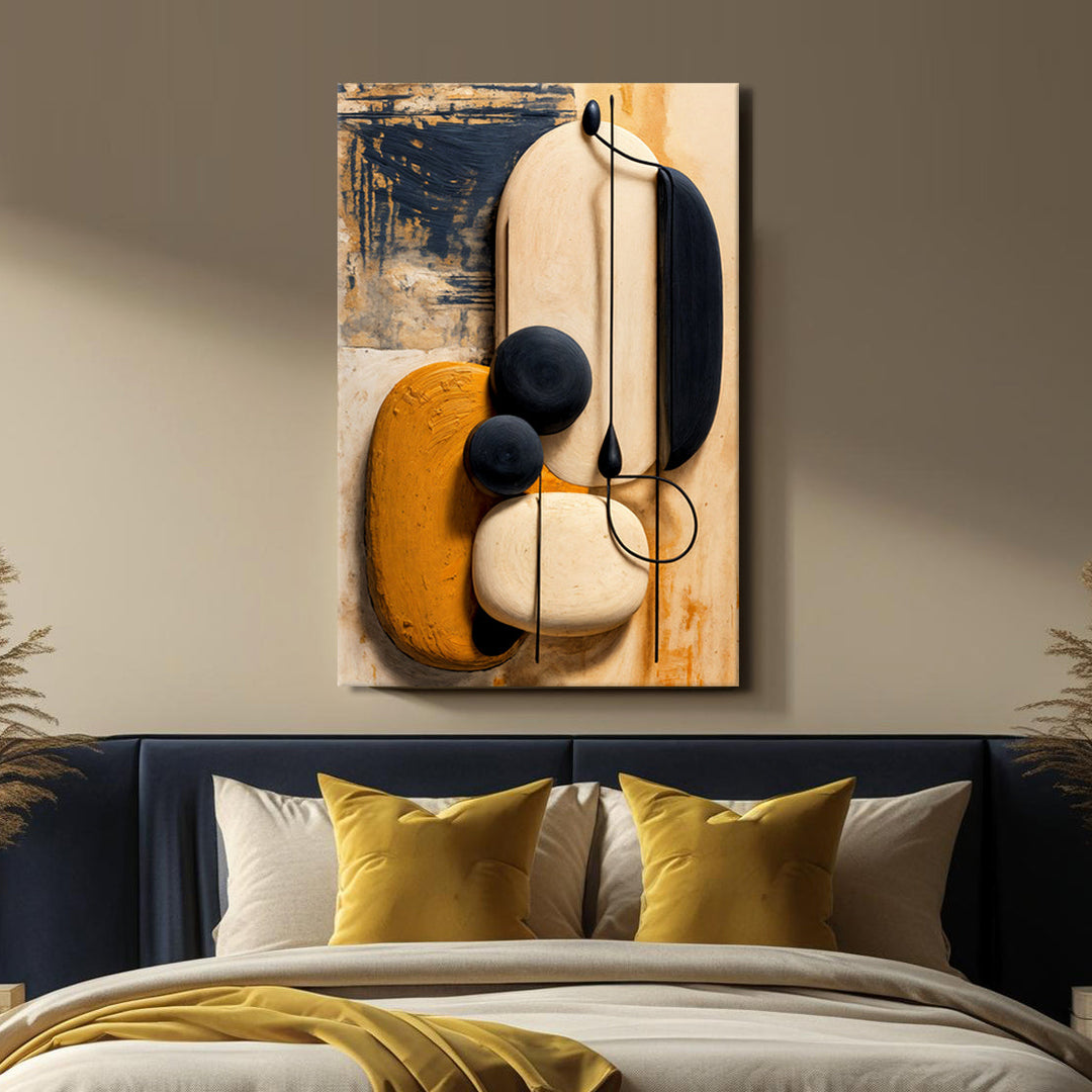 Abstract wall art canvas with cream and orange curves and dark navy accent strokes