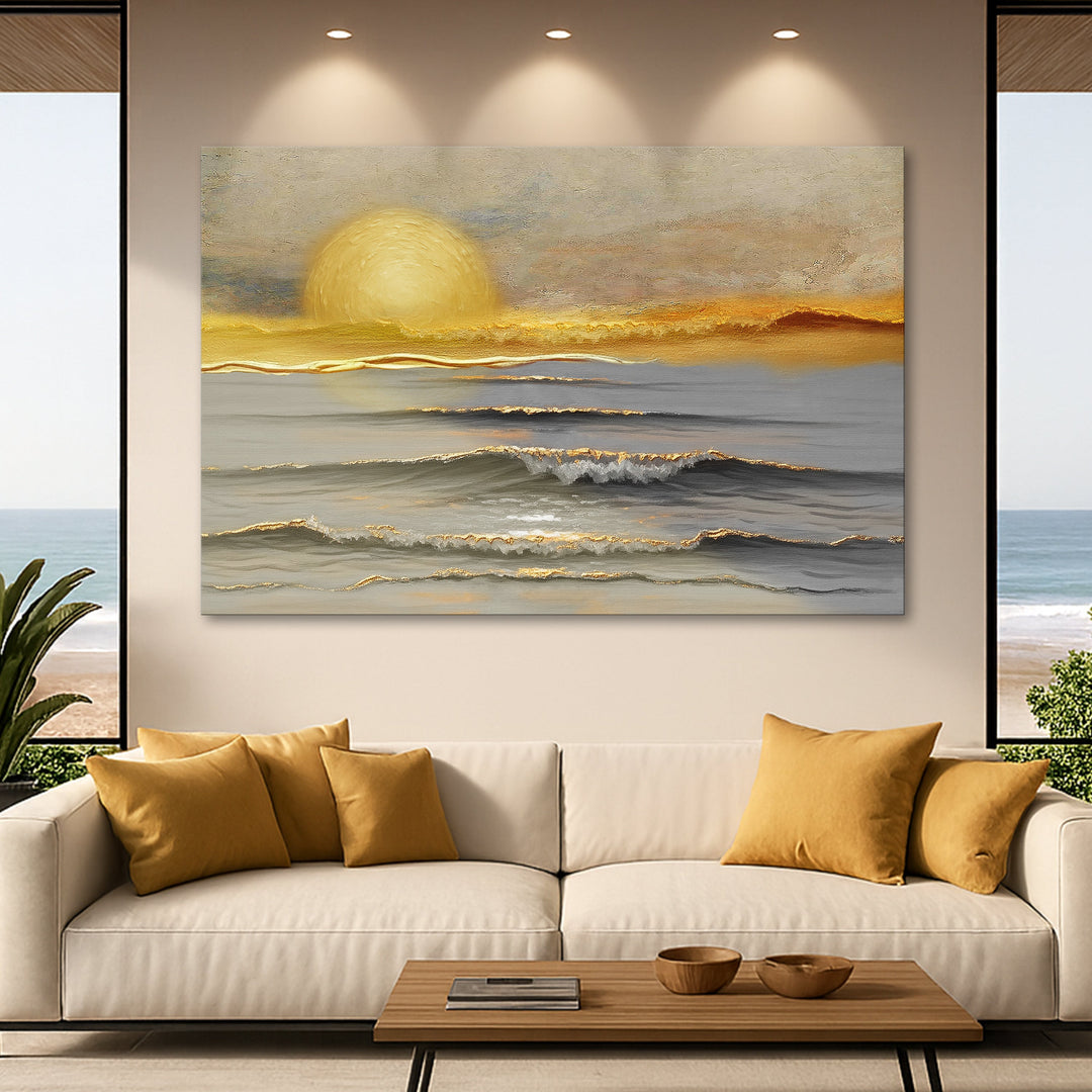 Seascape canvas wall art with golden sun above ocean waves and soft horizon