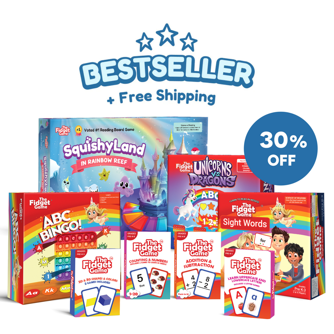 Unicorns and Dragons fidget set promo with 30% off badge and boxed cards