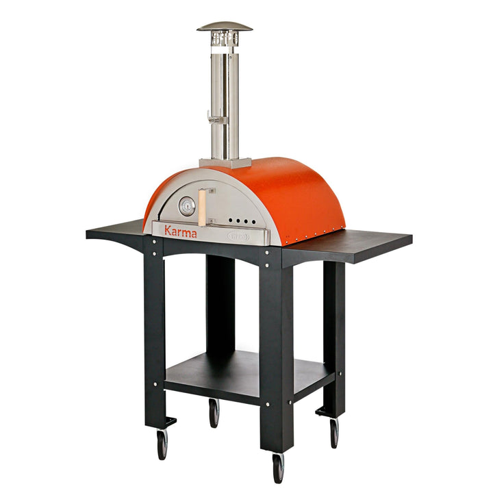 Wood-fired pizza oven with stand cart, red dome, black shelves and wheels