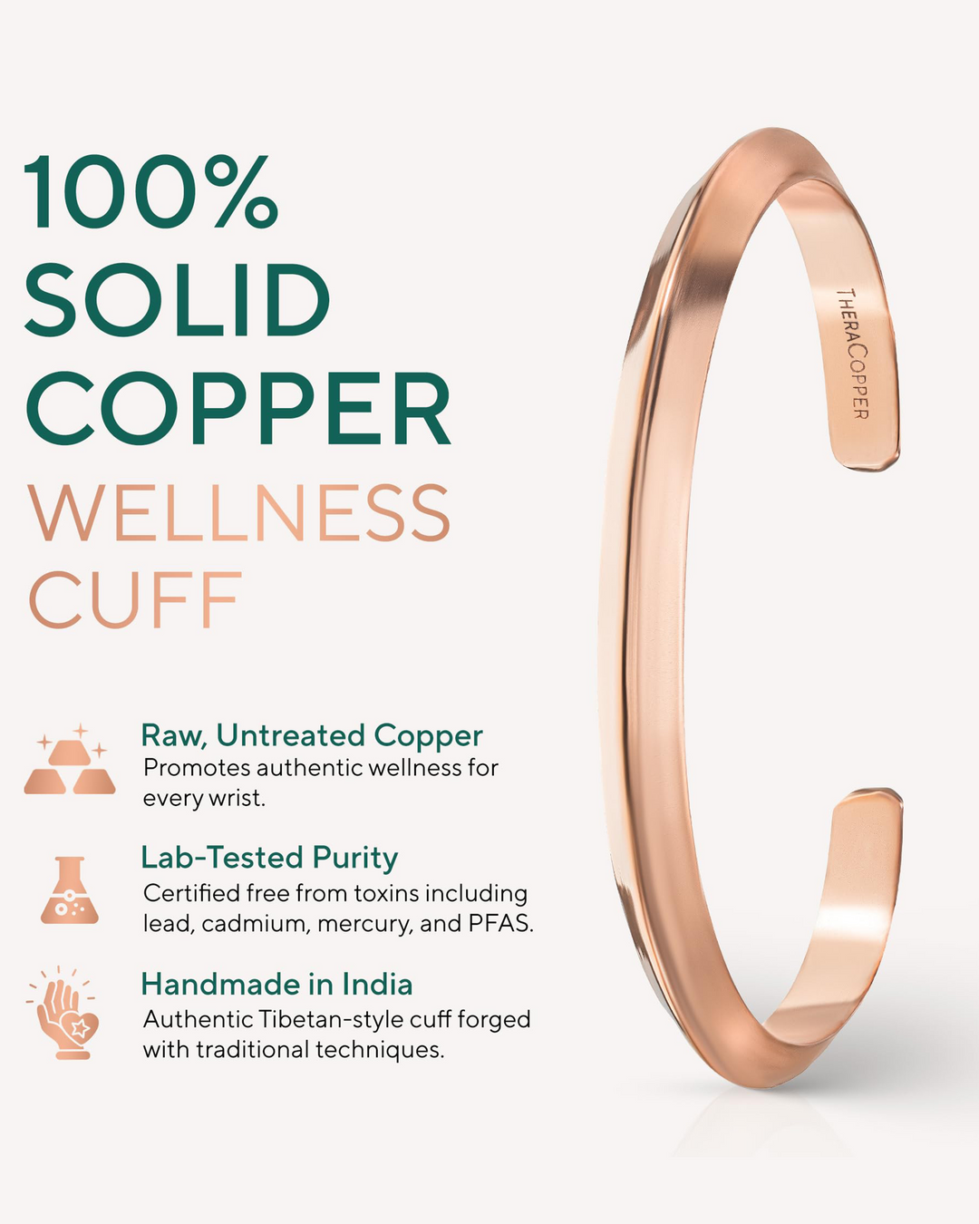 Polished solid copper cuff bangle bracelet with curved slim profile
