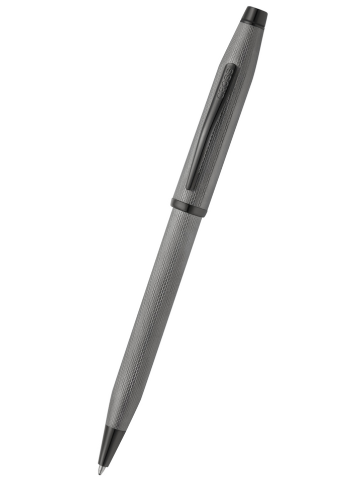 Slate gray ballpoint pen with diamond engraving along barrel and black clip end