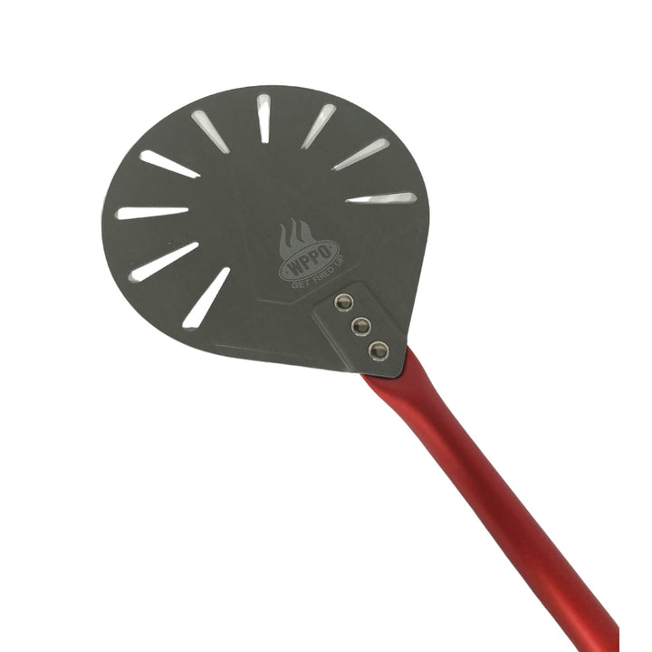 Round aluminum pizza peel with red handle, dark metal blade and rivet details