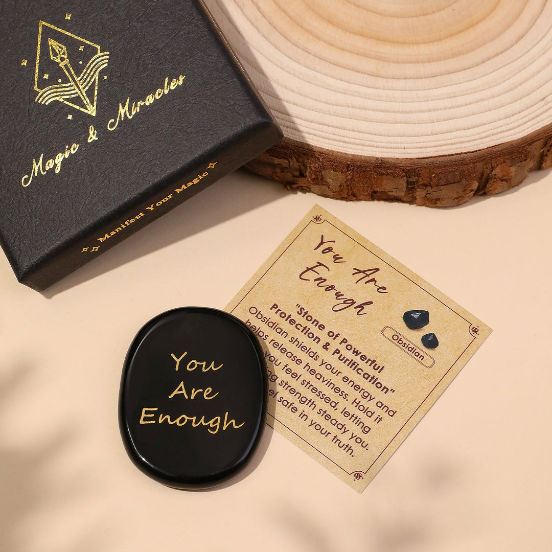 Obsidian pocket crystal stone with “You Are Enough” text, round black cabochon and card