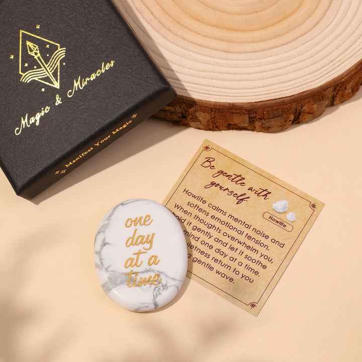 Howlite pocket crystal stone with “one day at a time” engraving