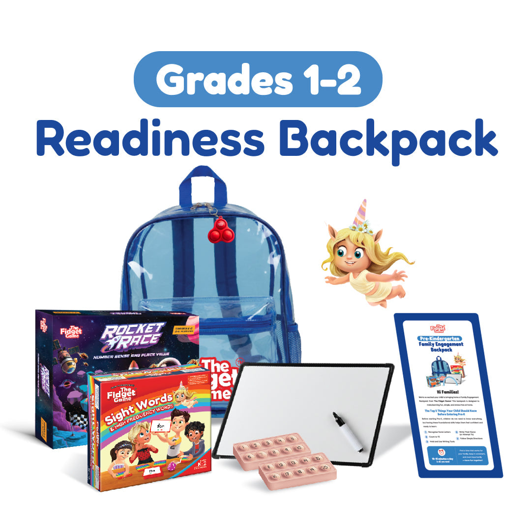 Grades 1-2 readiness backpack, clear front pocket, blue striped design, top handle