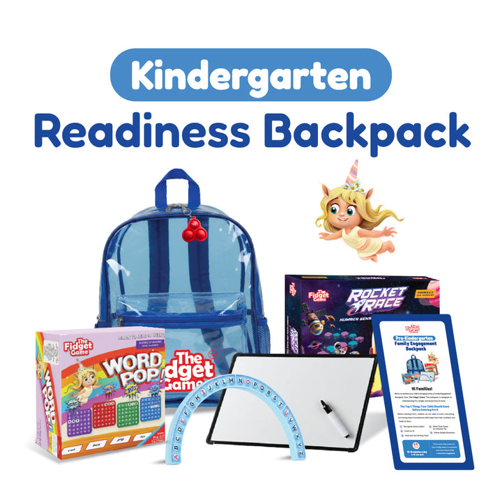 Blue Kindergarten readiness backpack with clear front panel and red heart zipper pull