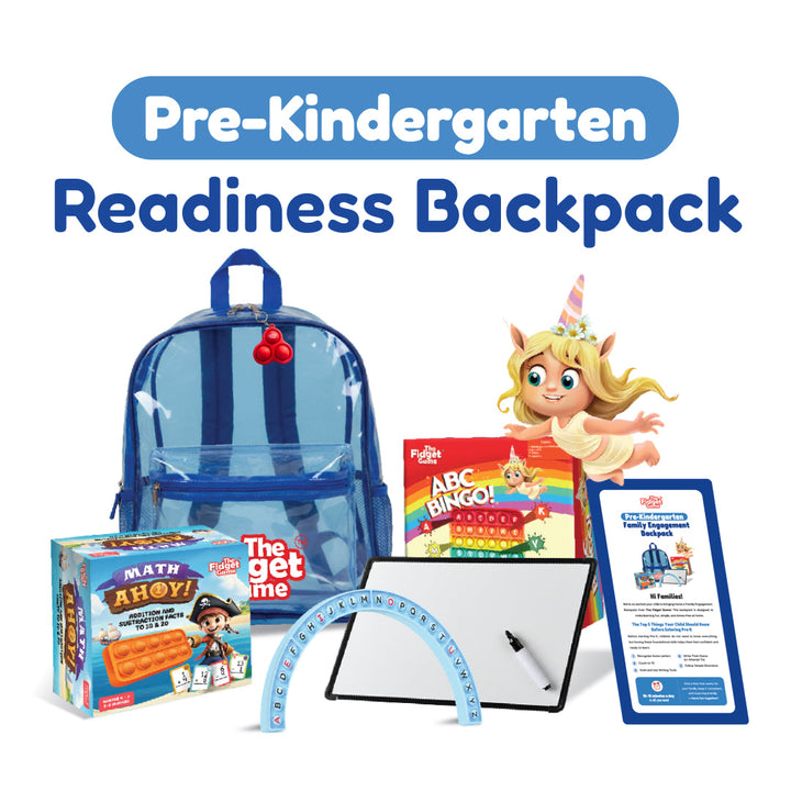 Blue translucent-front kids backpack with educational math, ABC, and fidget accessories