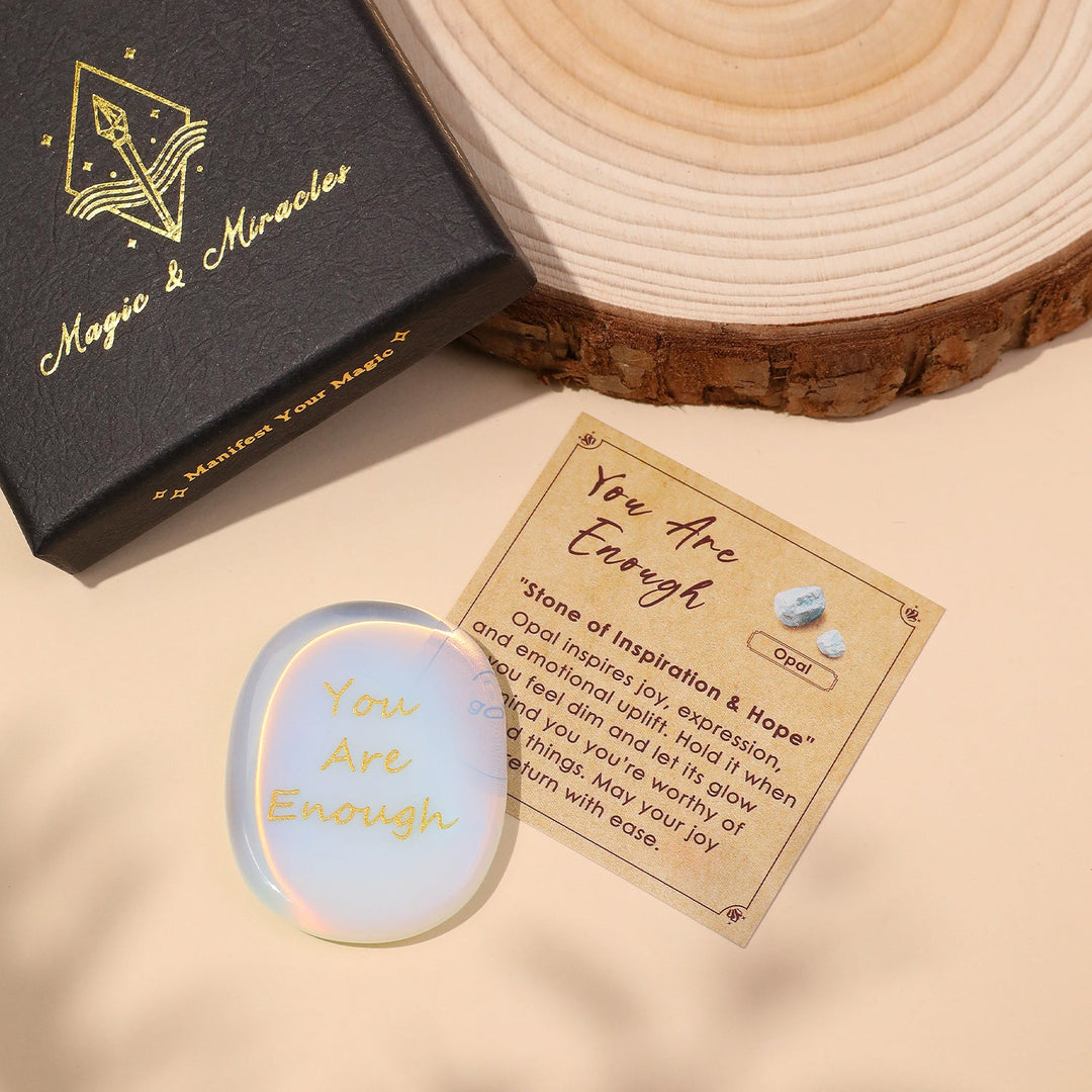 Opal pocket crystal stone with “You Are Enough” text, iridescent round cabochon and card
