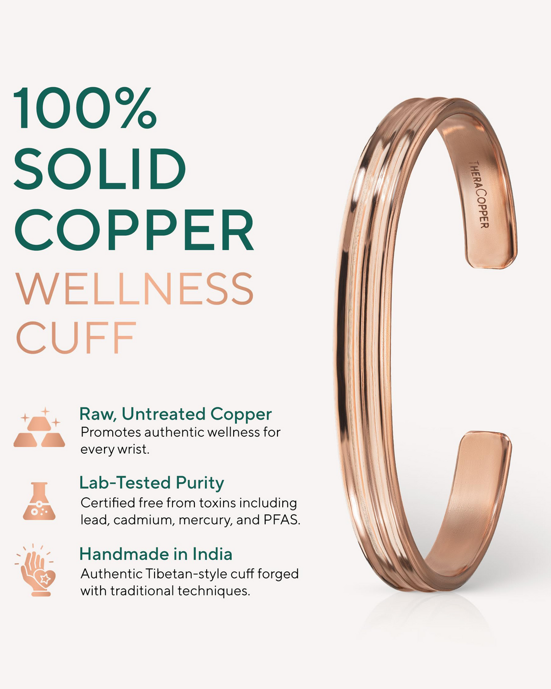 Rose-gold copper wellness cuff bracelet with curved open band