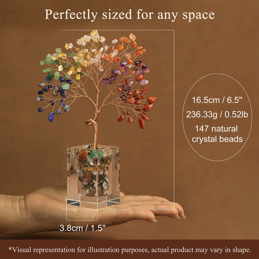 Rainbow crystal bead tree decoration on clear cube block base with rocky platform