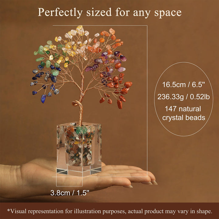 Rainbow crystal bead tree decoration on clear cube block base with rocky platform