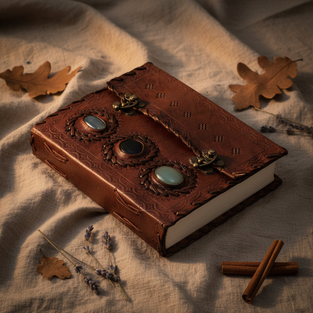 Vintage leather journal cover, embossed brown leather with three oval gem inlays and bronze accents