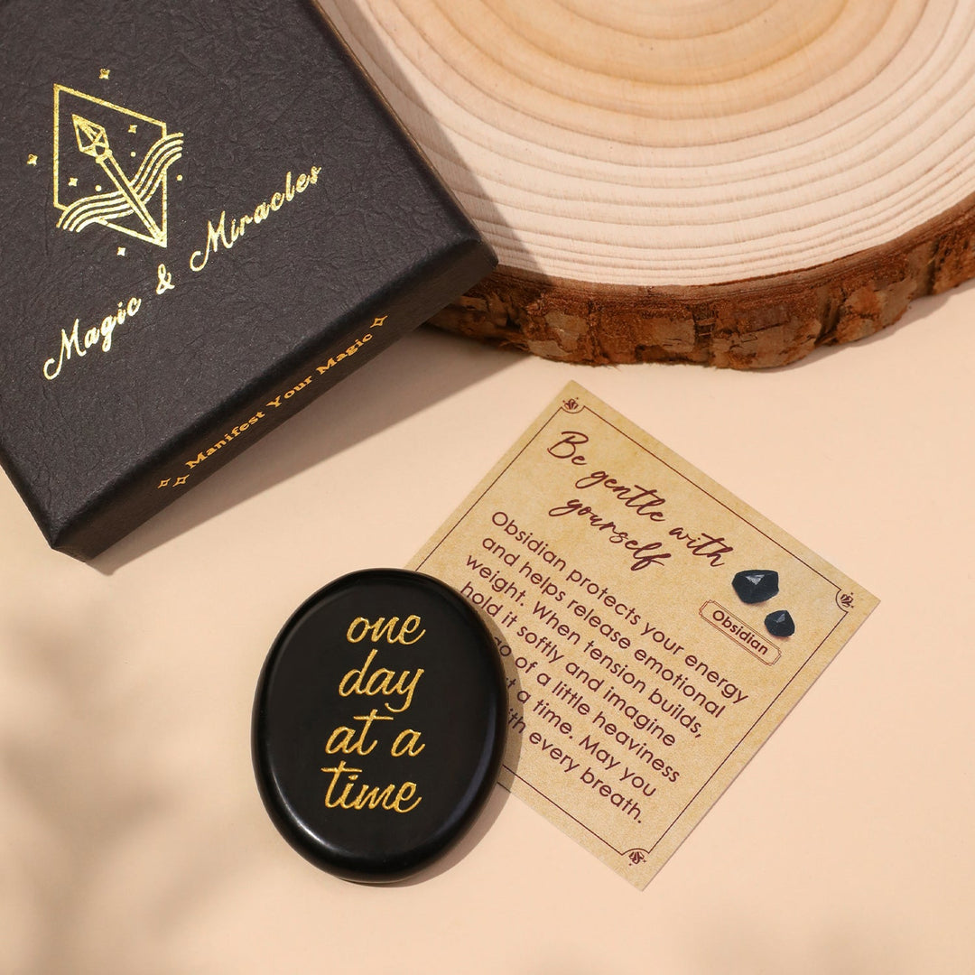 Obsidian pocket crystal stone with “one day at a time” engraving