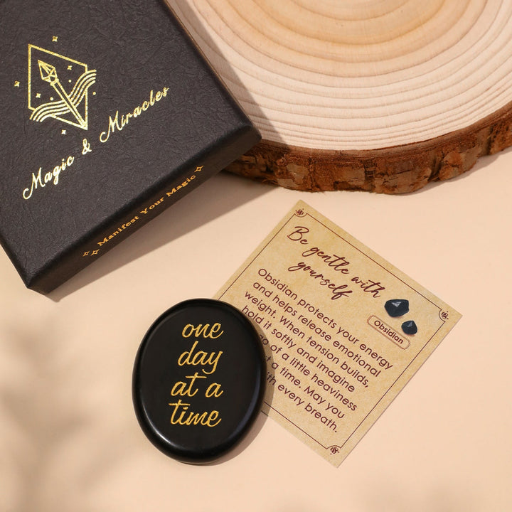 Obsidian pocket crystal stone with “one day at a time” engraving