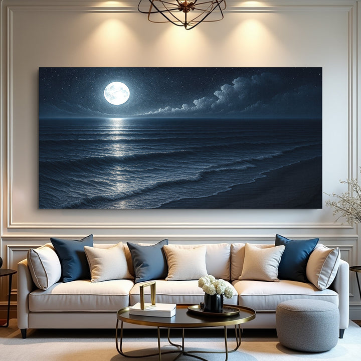 Moonlit ocean landscape canvas wall art in dark blue with bright full moon