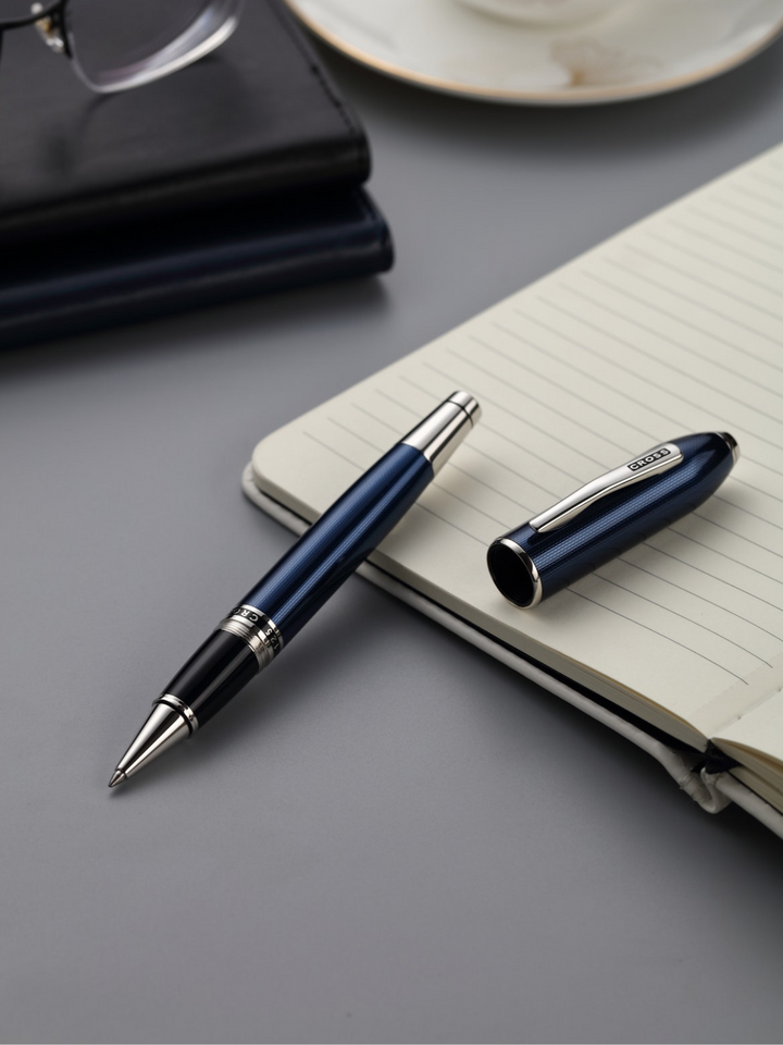 Peerless™ Polished Translucent Cobalt Blue Engraved Diamond Pattern with Polished Chrome Appointments and Swarovski Crystal Rollerball Pen
