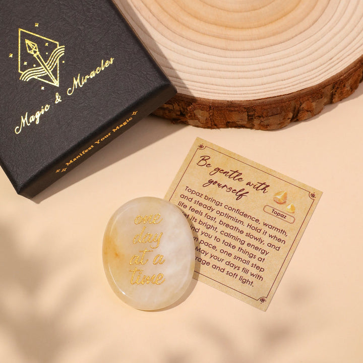 Topaz pocket crystal stone with “one day at a time” engraving