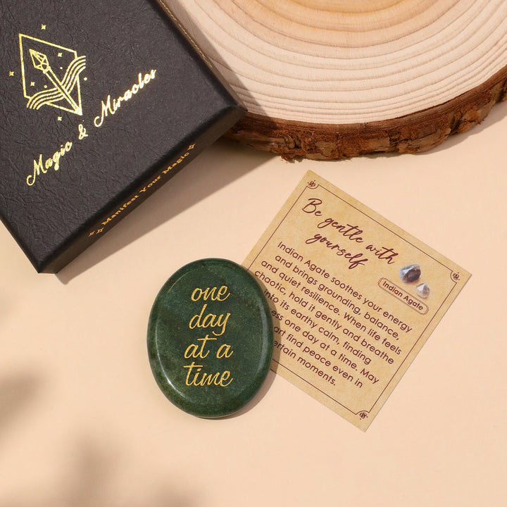 Indian Agate pocket crystal stone with “one day at a time” engraving