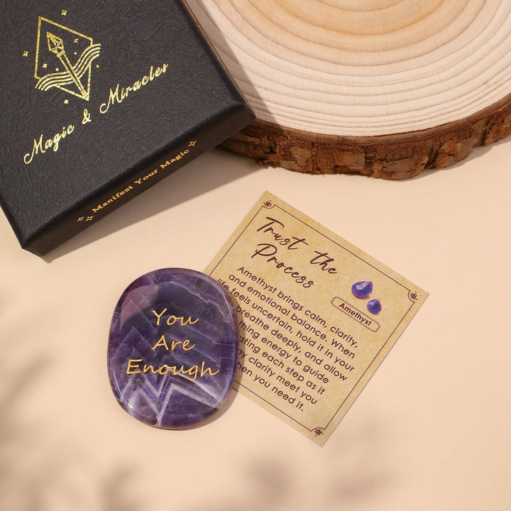 Amethyst pocket crystal stone with “You Are Enough” text, round purple cabochon and card