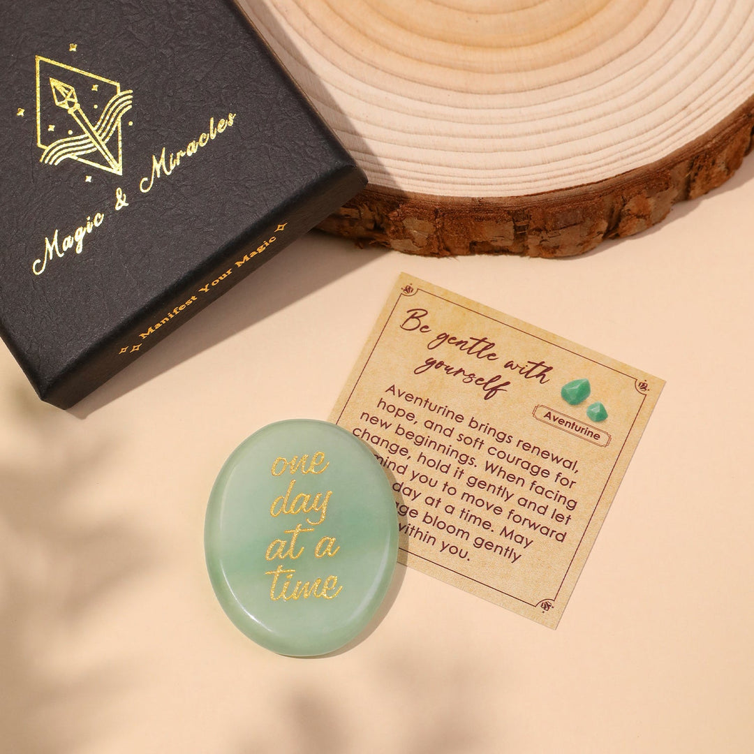 Aventurine pocket crystal stone with “one day at a time” engraving