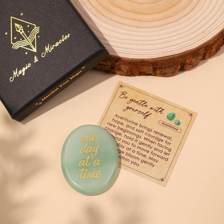 Aventurine pocket crystal stone with “one day at a time” engraving