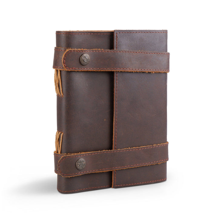 Dark brown leather journal with stitched panels and two snap buttons