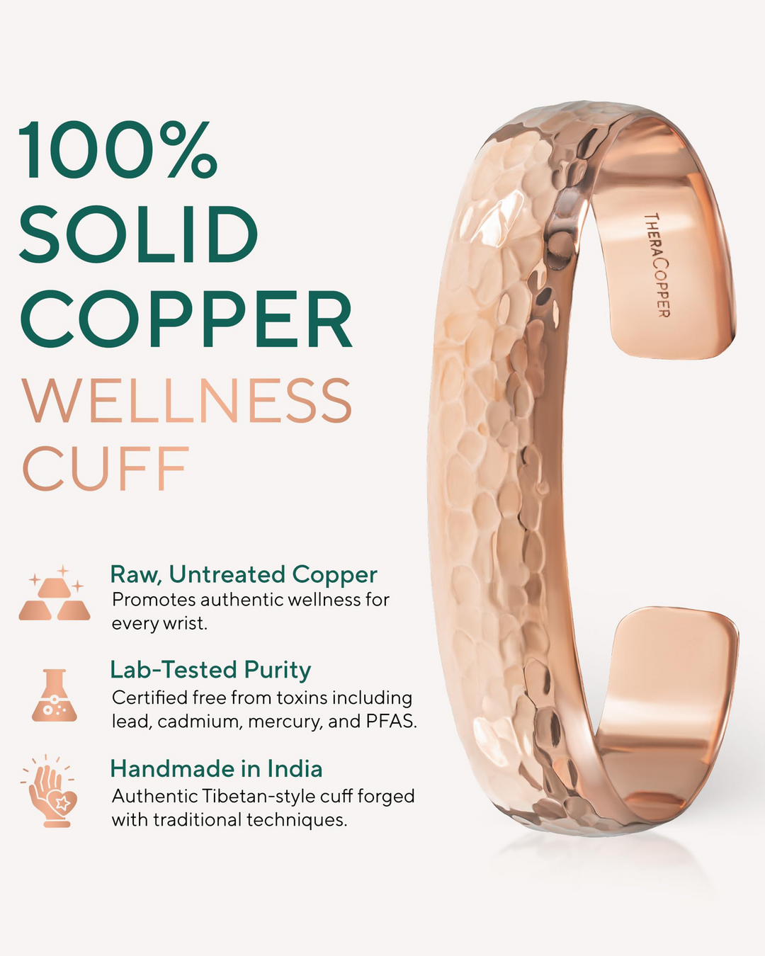 Wide hammered copper cuff bracelet with solid copper finish, open hinged design