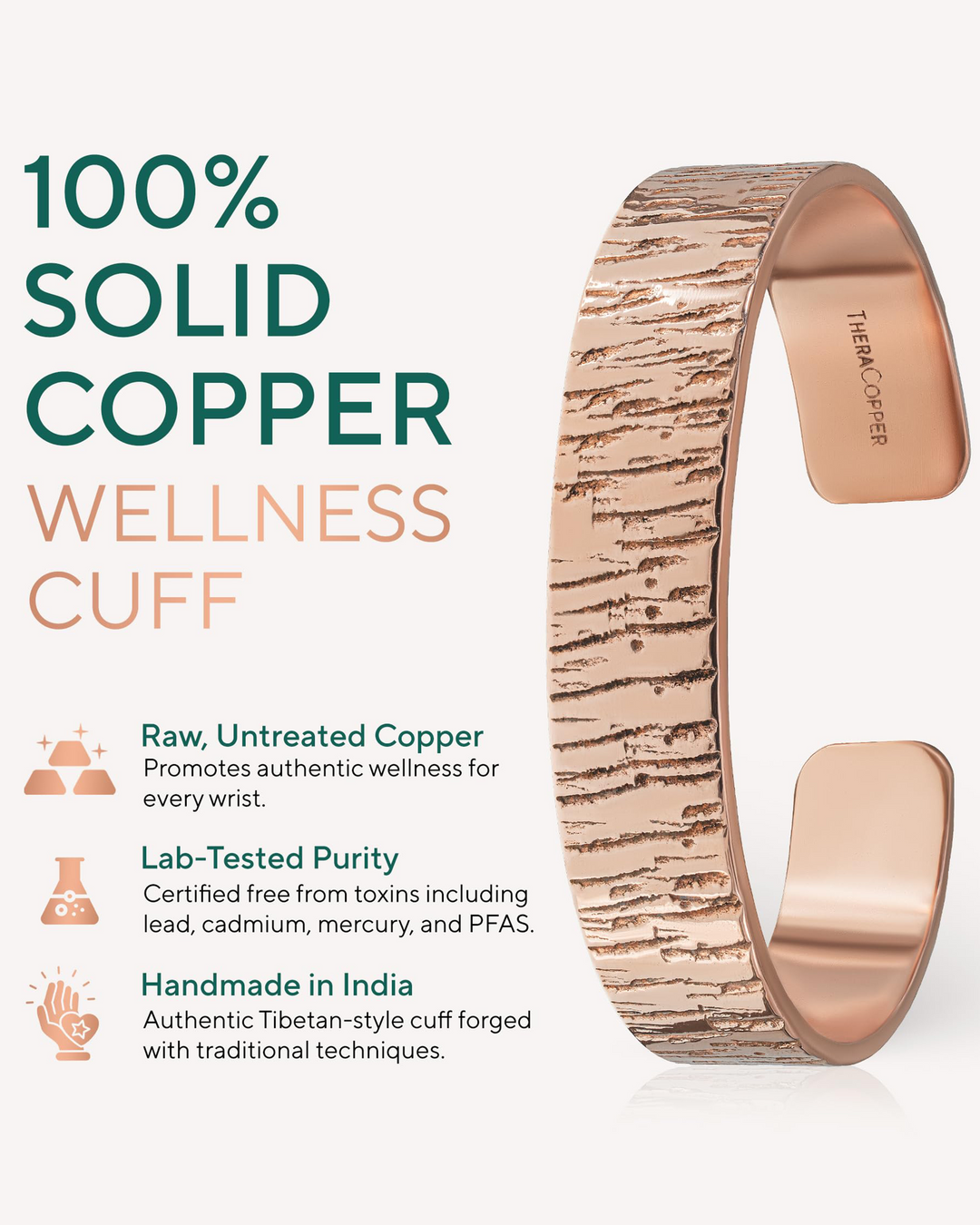 Solid copper wellness cuff bracelet with hammered pattern and wide open cuff.