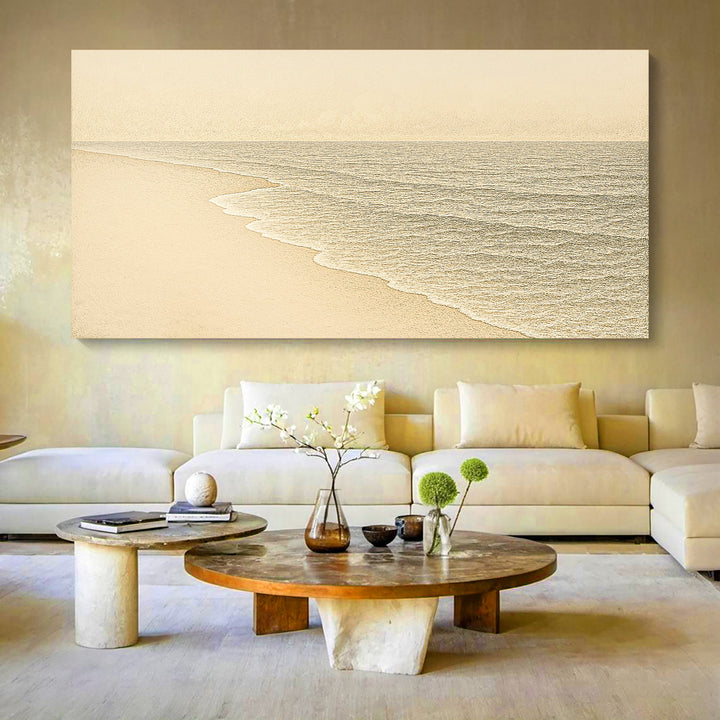 Landscape beach shoreline wall art with sandy coast and calm ocean waves, framed on canvas.