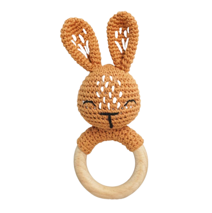 Bunny crochet rattle teether with wooden teething ring, brown body and white stitching