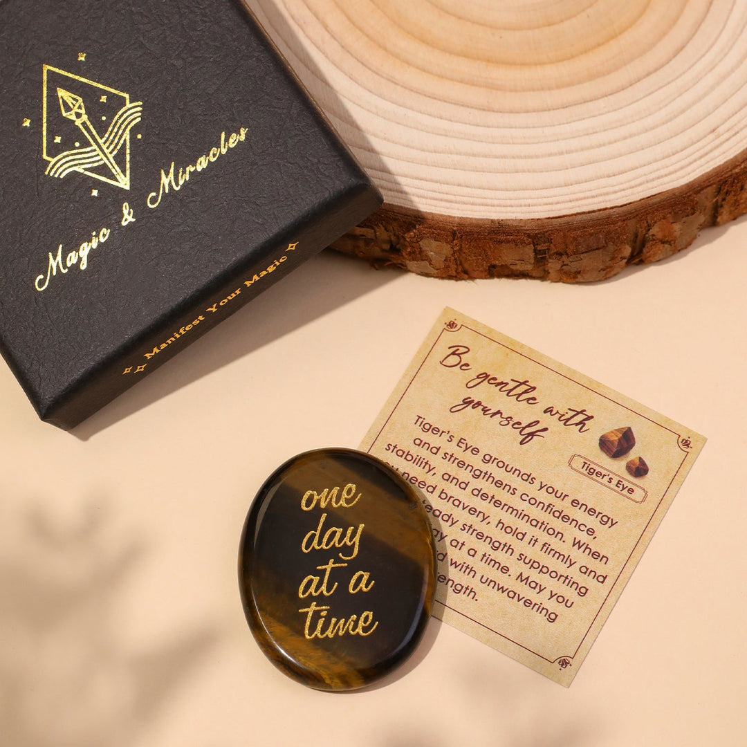 Tiger’s Eye pocket crystal stone with “one day at a time” engraving