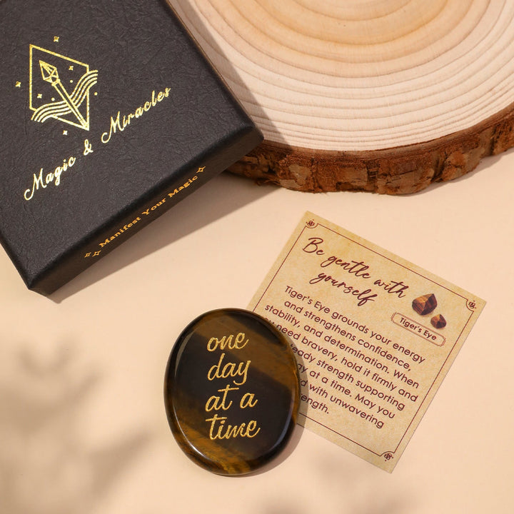 Tiger’s Eye pocket crystal stone with “one day at a time” engraving