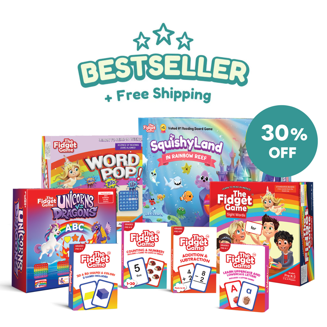 Unicorns and Dragons fidget set promotional display with 30% off badge